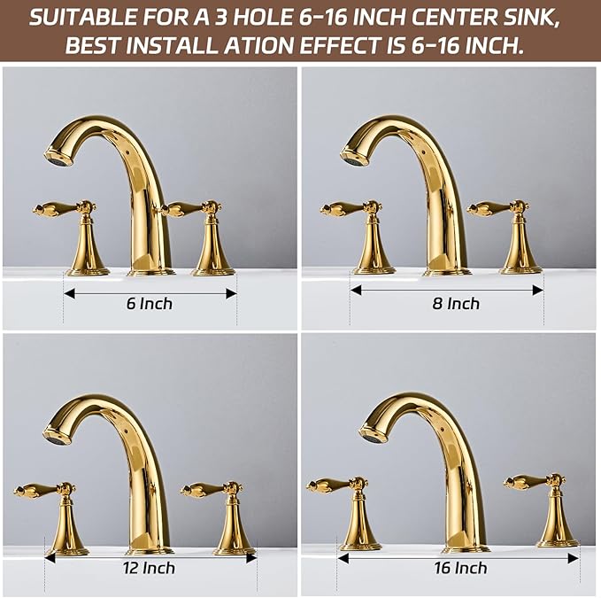 Gold Bathroom Faucet Widespread 3 Hole, 6–16 Inch Vanity Sink with 2 Handles, Drip-Free Ceramic Disc Valve, Solid Brass, Push Pop-Up Drain Assembly Included