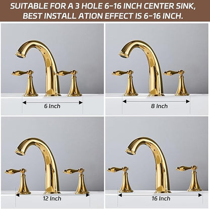 Gold Bathroom Faucet Widespread 3 Hole, 6–16 Inch Vanity Sink with 2 Handles, Drip-Free Ceramic Disc Valve, Solid Brass, Push Pop-Up Drain Assembly Included