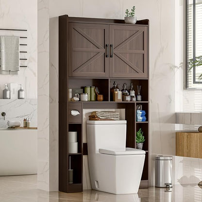 Vabches Over The Toilet Storage Cabinet with Barn Doors, Espresso | Toilet Cabinet Rack, Space Saving Bathroom Organizer with Shelves, Toilet Paper Holder and Towel Rack for Bathroom,Laundry.