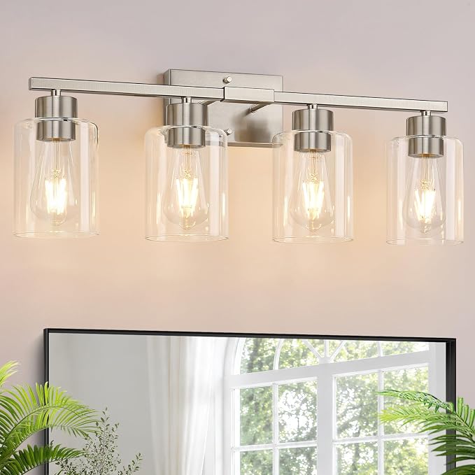 4-Light Brushed Nickel Bathroom Vanity Light with Clear Glass Shades