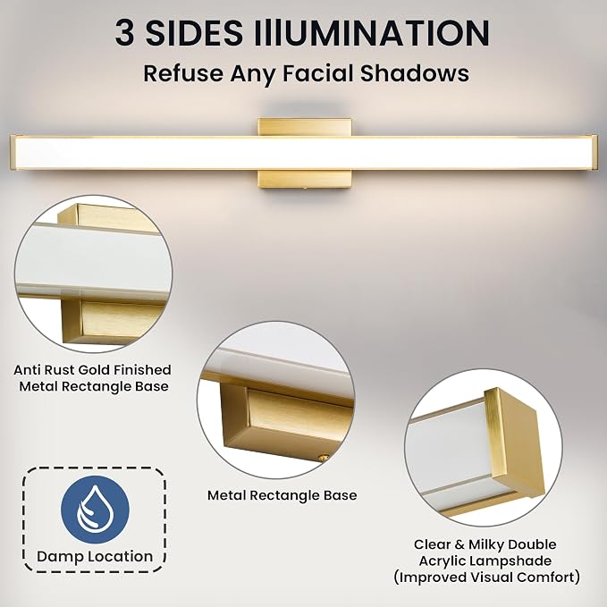 Modern LED Bathroom Vanity Light 36 inch 24W Dimmable 3CCT Bathroom Light Fixture Over Mirror Rectangle Bath Vanity Light Bar with Double Layer Acrylic Shade (Golden)