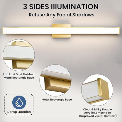 Modern LED Bathroom Vanity Light 36 inch 24W Dimmable 3CCT Bathroom Light Fixture Over Mirror Rectangle Bath Vanity Light Bar with Double Layer Acrylic Shade (Golden)
