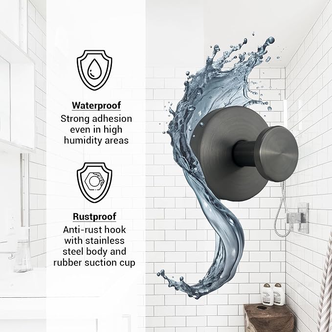 Suction Cup Hooks for Shower - 2 Pack, Gray - Stainless Steel, Strong Suction, No Drill, Removable Hanger, Tile Bathroom Kitchen Wall, Glass Door, Mirror Hook Hanging Robe, Towel Holder