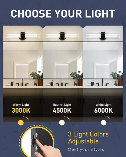 kudos Black LED Vanity Light, Clear and Frosted Glass, 3CCT, KDVL06-BK-2 | 11W,1100 Lumens, 3000K, 4500K and 6000K Selectable, Hardwired, for Bathroom, Bedroom and Over Mirror