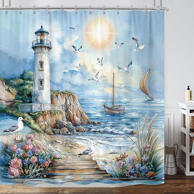 Nautical Coastal Lighthouse Shower Curtain, Boho Ocean Beach Lighthouse Seascape Beachy Abstract Shower Curtain Set, Seasides Sailboat Seagull Fabric Shower Curtain for Bathroom 12 Hooks, 72"×78" Blue