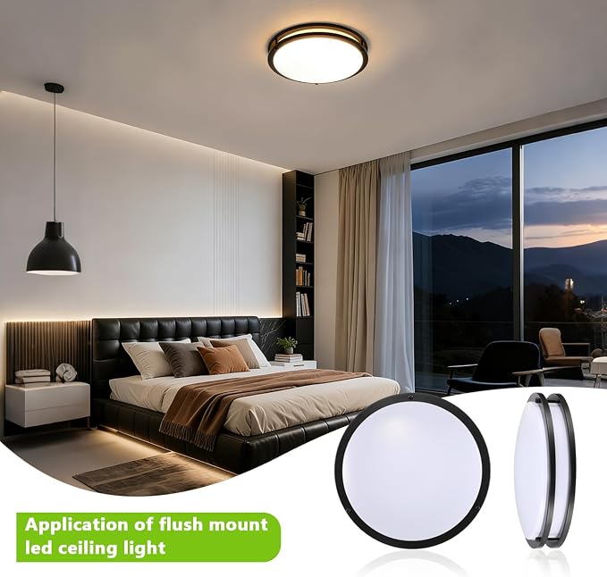 Black Flush Mount LED Ceiling Light Fixture, 13 inch 3000K/4000K/5000K Adjustable Ceiling Lights, Metal Frame Tri-Color Dimmable Lighting for Living Room Bedroom Hallway Bathroom or Kitchen