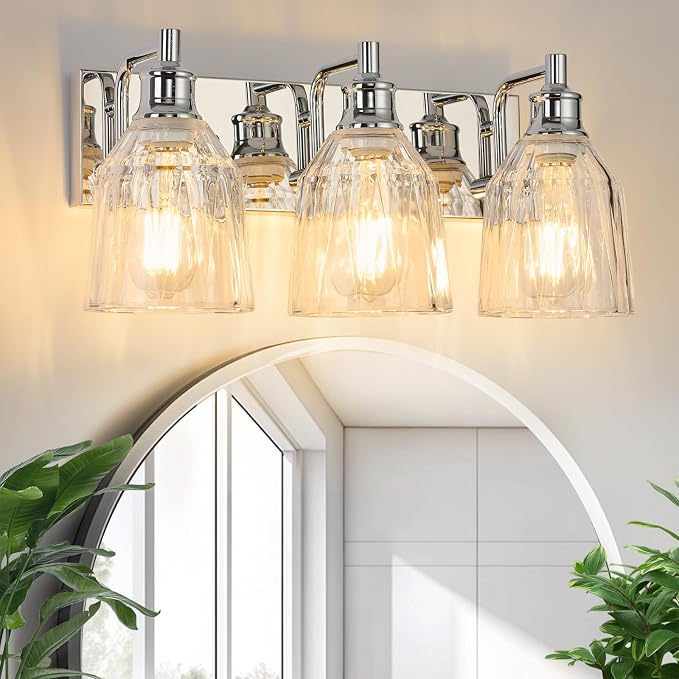 3 Light Bathroom Light Fixtures Modern Chrome Vanity Lights for Bathroom Lighting Fixtures Over Mirror with Thickened Glass Shade for Cabinet Mirror Bedroom Hallway