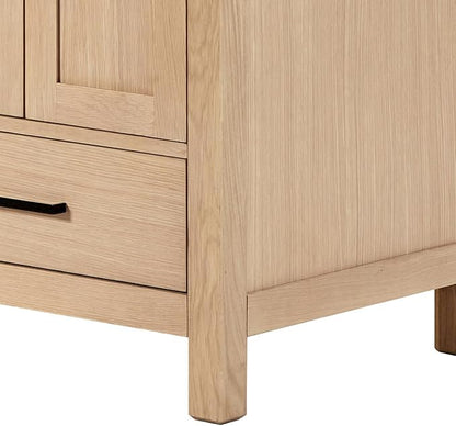 Beckford 66-Inch Oak Double Bathroom Vanity with Sink, Italian Carrara Marble Countertop 1.5" Edge & Backsplash, Soft Closing Doors & Drawers, Matte Black Hardware