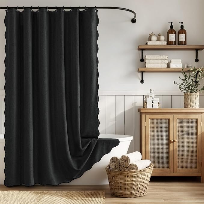 ANRODUO Black Scalloped Linen Textured Shower Curtain, W72 x L96 | Boho Farmhouse Shower Curtain with 12 Metal Hooks, Machine Washable Waterproof Heavy Duty Fabric for Bathroom Bathtub