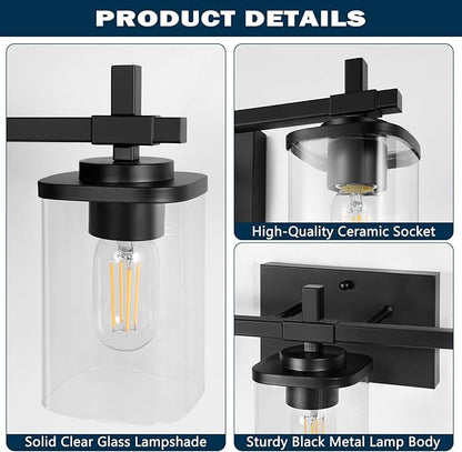 3-Lights Bathroom Vanity Light Fixtures, Modern Black Vanity Lights Over Mirror with Clear Glass Shade for Bathroom, Wall Mounted Lamp for Bedroom Hallway Living Room