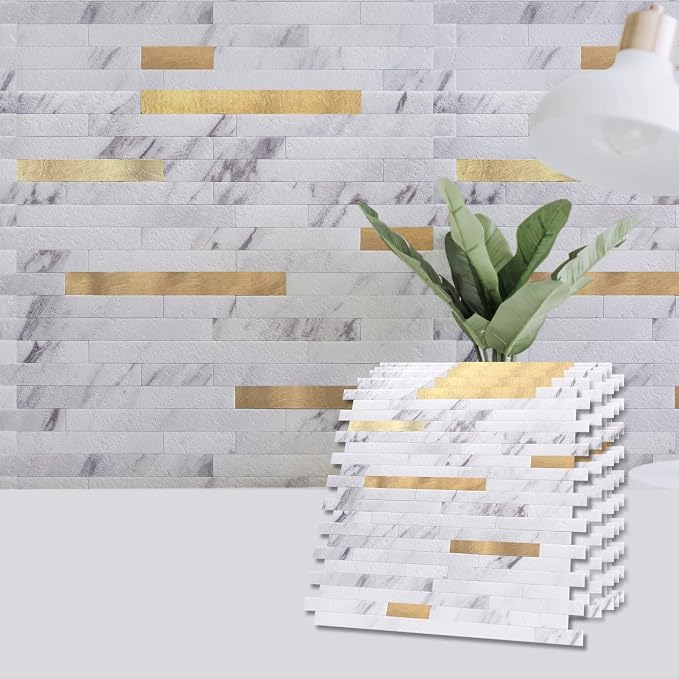 Art3d Faux Stone Peel & Stick Backsplash Tile, 10pcs, White with Metal Gold | PVC, Multi-Style Decor Sheets, Waterproof, Traceless Peel, No Wall Damage, Ideal for Kitchen