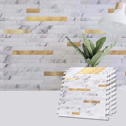 Art3d Faux Stone Peel & Stick Backsplash Tile, 10pcs, White with Metal Gold | PVC, Multi-Style Decor Sheets, Waterproof, Traceless Peel, No Wall Damage, Ideal for Kitchen