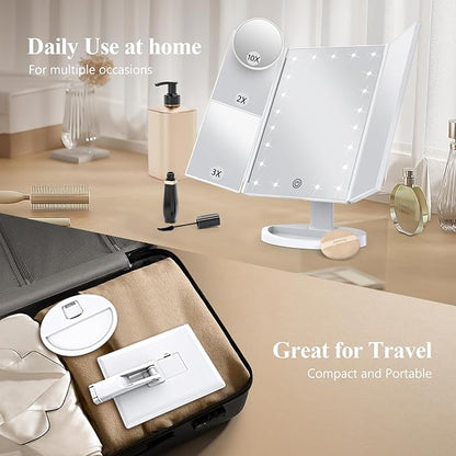 HUONUL 2X/3X/10X Magnifying Vanity Mirror with Light, Trifold Makeup Mirror | Touch Dimming, Dual Power, Clear View for Makeup, Skincare. Dorm Room Essentials. Birthday Gifts for Women, Mom, Wife, Girls