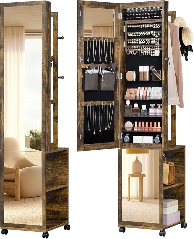 Hzuaneri 8 LEDs Jewelry Cabinet Armoire, 66.9-inch Jewelry Organizer | Lockable Full-length Mirror with Garment Rack & 4 Wheels, Storage Shelves with Hooks, 5-in-1, Toasted Oak JC17007B