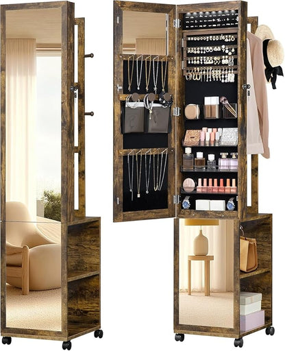 Hzuaneri 8 LEDs Jewelry Cabinet Armoire, 66.9-inch Jewelry Organizer | Lockable Full-length Mirror with Garment Rack & 4 Wheels, Storage Shelves with Hooks, 5-in-1, Toasted Oak JC17007B