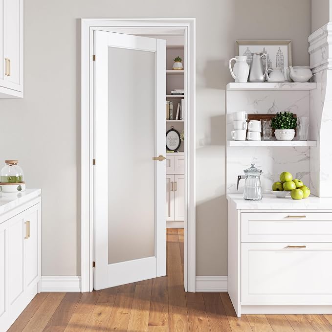 SMARTSTANDARD 28" x 80" Slab Door, Solid Core Frosted Glass Pantry Door | Pre-Assembled Interior Door without Hardware Kit for Pantry, Pocket, White Primed, Paintable Surface