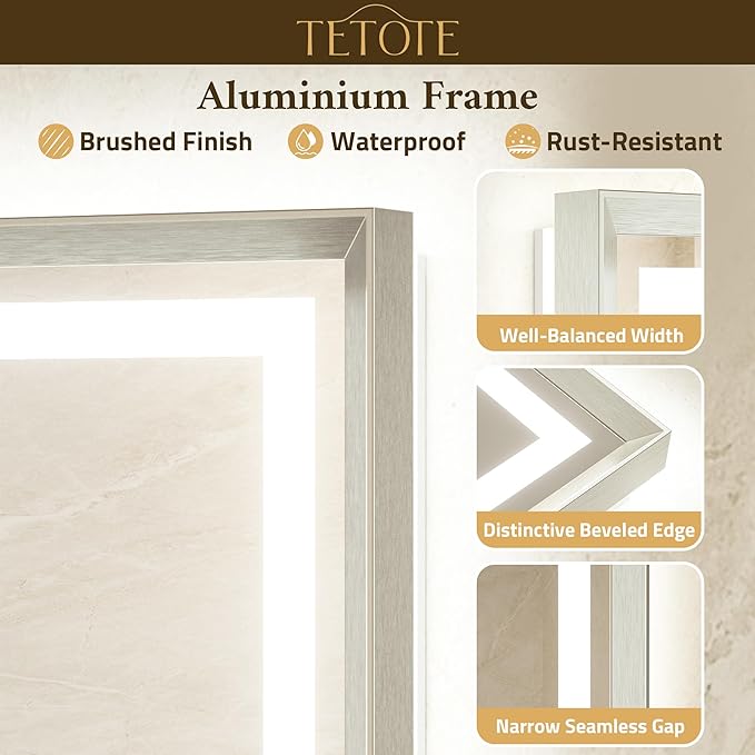Led Bathroom Mirror 36 x 36 with Brushed Nickel Frame Anti-Fog Frontlit & Backlit Vanity Mirror Stepless Dimmable 3 Colors White/Warm/Natural Wall-Mounted