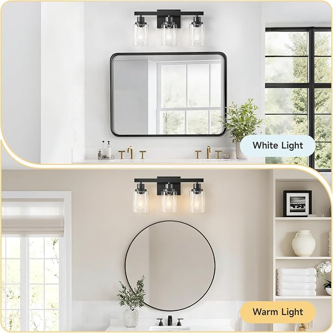 3-Light Bathroom Light Fixtures, Black Bathroom Vanity Light with Clear Glass Shade, Modern Bathroom Wall Lights Over Mirror, Farmhouse Wall Sconces Lighting for Bedroom LivingRoom