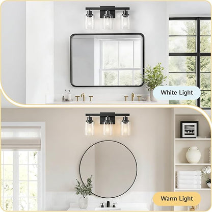 3-Light Bathroom Light Fixtures, Black Bathroom Vanity Light with Clear Glass Shade, Modern Bathroom Wall Lights Over Mirror, Farmhouse Wall Sconces Lighting for Bedroom LivingRoom