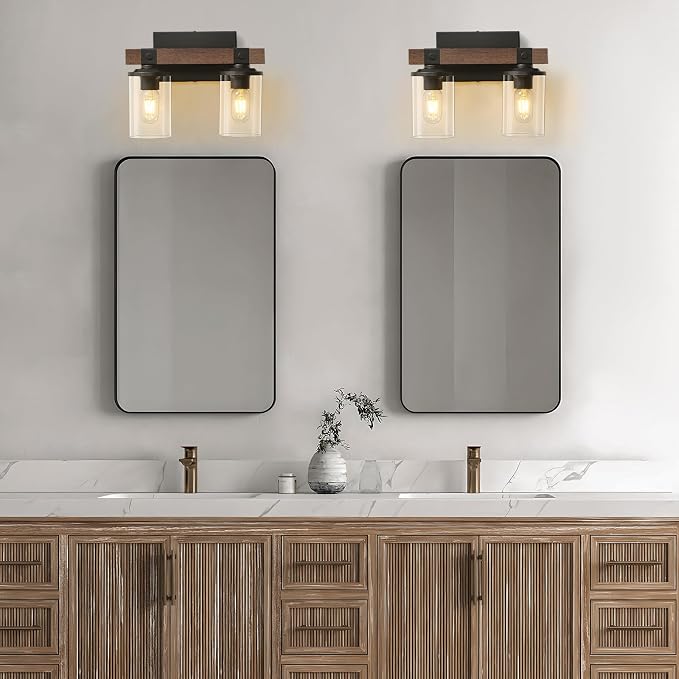 Farmhouse Vanity Light for Bathroom Wooden Rustic Vanity Lighting fixtures | 2-Light Bathroom Lights Over Mirror Vintage Wall Sconce Lighting with Clear Glass Shade for Bedroom Hallway