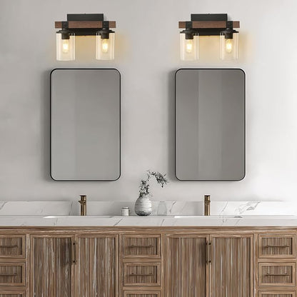 Farmhouse Vanity Light for Bathroom Wooden Rustic Vanity Lighting fixtures | 2-Light Bathroom Lights Over Mirror Vintage Wall Sconce Lighting with Clear Glass Shade for Bedroom Hallway