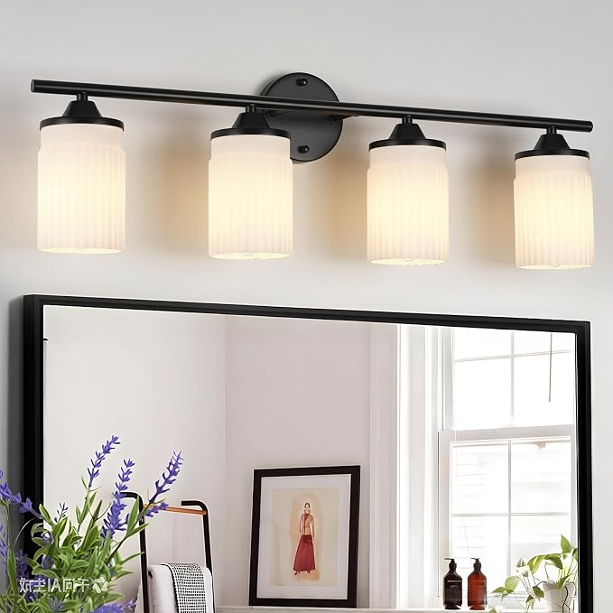 Jonsi Black Bathroom Light Fixtures 4-Light Vanity Lights Modern Wall Sconce with Milk White Shade Brushed Brass Bathroom Light Fixture Over Mirror for Bedroom Hallway Kitchen