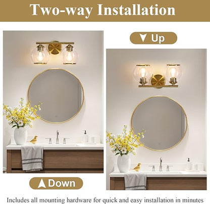 Brushed Gold Bathroom Vanity Light Over Mirror, 2 Light Bathroom Light Fixtures with Clear Globe Glass Shade, Modern Vanity Lighting Wall Mounted