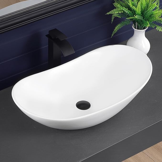 Vessel Sink 27.6"x14.8" Oval Bathroom Sink White Above Counter | Modern Porcelain Ceramic Drop-in Vanity Sink for Bathrooms Art Basin