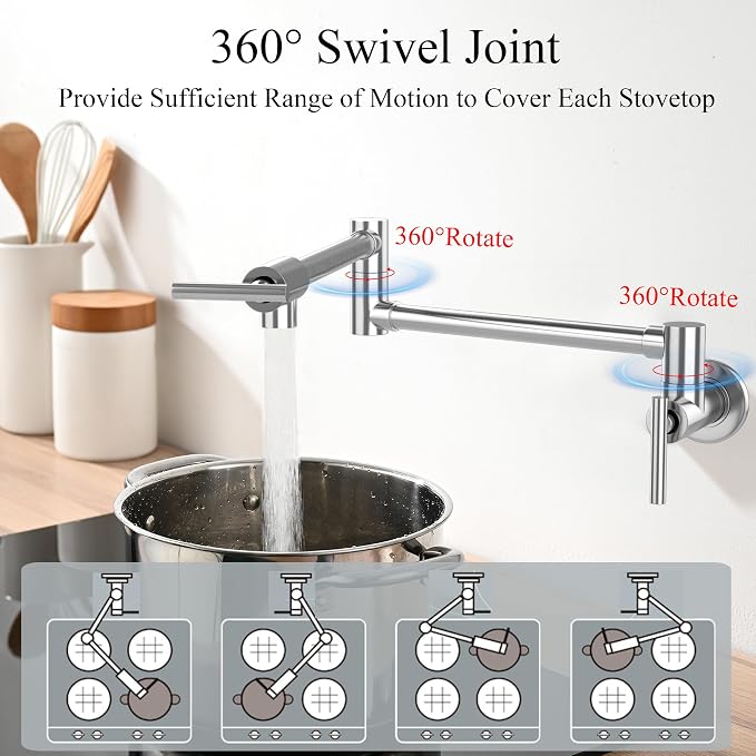 Faucets with Wall Mount Double Joint Swing Arms - Leak Free Design with High-Flow Aerators - Retractable & Folding for Space Saving