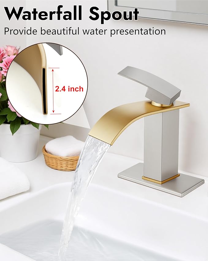 Midanya Bathroom Faucet with Waterfall Spout, Single Hole or 3-Hole Deck Mount, 304 Stainless Steel Sink Faucet with Pop-Up Drain, RV Vanity Compatible,Brushed Gold Spout/Brushed Nickel