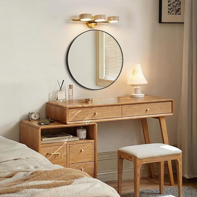 Led Bathroom Lighting Fixtures Over Mirror with 3 Travertine Shades,Vanity Lights Wall Lamp, 180° Rotatable Stone Lampshades Bathroom Lights, Modern Farmhouse Stone Sconces Gold