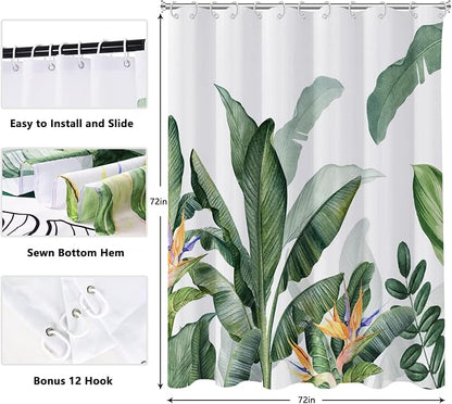 Shower Curtain Tropical Green Plant Shower Curtains for Bathroom, Leaf Shower Curtain, Botanical Shower Curtain Sets, Sage Shower Curtains Waterproof Bathtub Curtain 72x72 Inch with Hooks