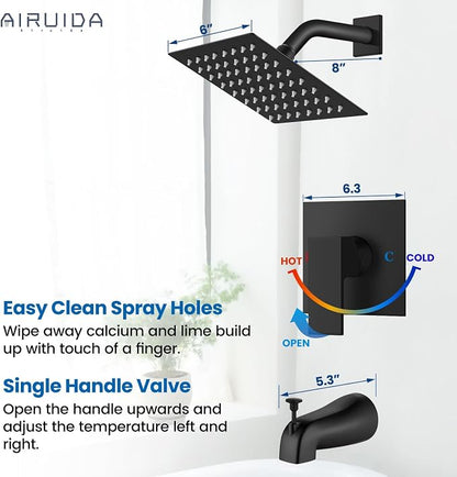 Airuida 6 Inch Shower Faucet Set,Bathtub Faucet Kit,Matte Black | Shower Tub Faucet Set,Male Threads Rough-In Valve,Square Head Shower System