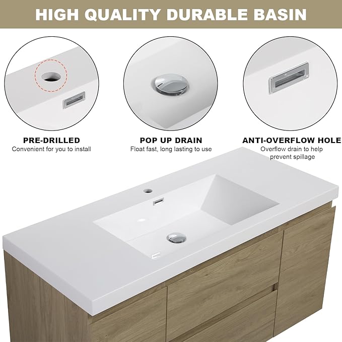 Wall Mounted 48 Inch Bathroom Vanity with Sink, Floating Vanity Bathroom, Single Sink Bathroom Vanity, 2 Drawers, 2 Soft Closing Doors, Resin Integrated Sink (Natural Oak)