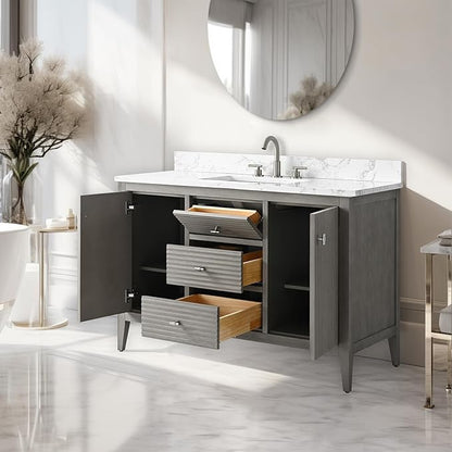 Vanity Art 48 inch Bathroom Vanity with Single Sink & Ceramic Top, Vanity Cabinet with Soft-Closing Door, Solid Wood Frame, Linear Pattern, Driftwood Gray, Golden Brushed Handware VA9148-DG-GB