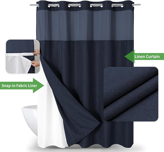 eachope No Hook Fabric Shower Curtain with Snap-in Liner,71x86 Navy Blue | Extra Long,Linen Texture,230GSM Thick Fabric,Mesh Window,Bottom Magnetic,Waterproof & Machine Washable,for Bathroom,Hotel Use