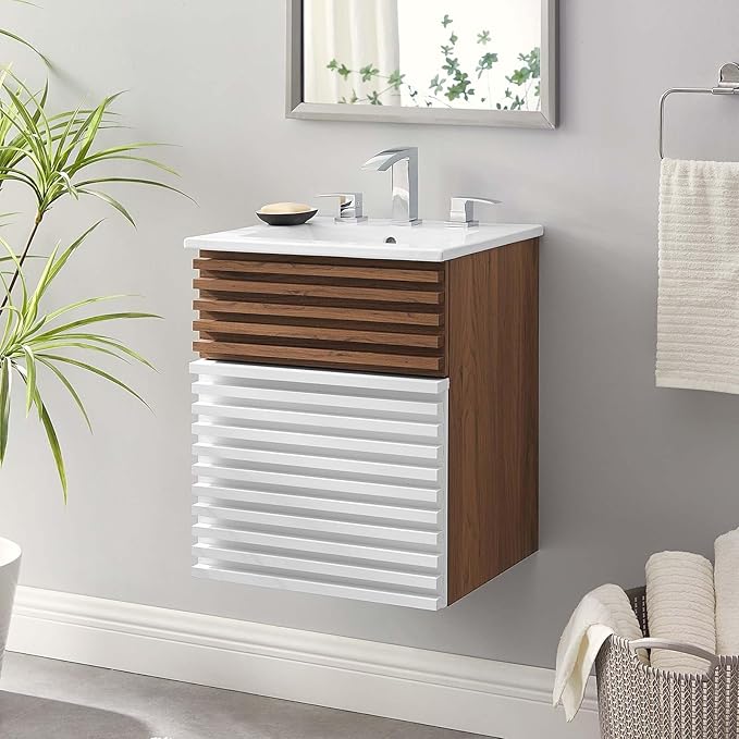 Modway Render 18" Wall-Mount Bathroom Vanity in White Walnut White