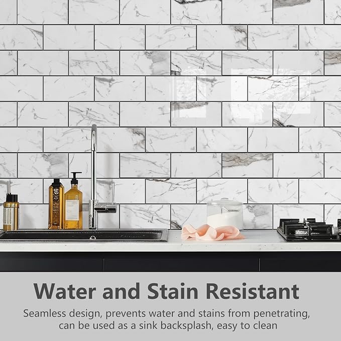 STICKGOO Subway Tile Peel and Stick Backsplash, Glossy White Marble PVC Self Adhesive Tile Backsplash, Stick on Tile for Kitchen and Bathroom(10 Sheets)