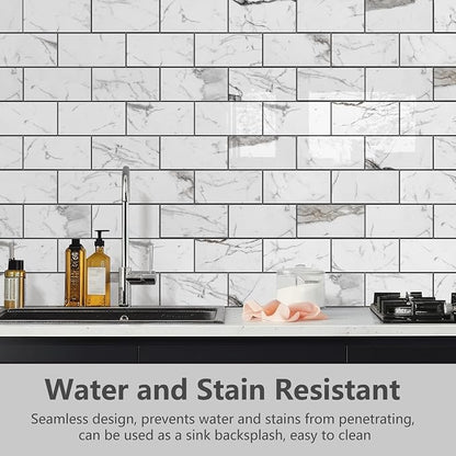 STICKGOO Subway Tile Peel and Stick Backsplash, Glossy White Marble PVC Self Adhesive Tile Backsplash, Stick on Tile for Kitchen and Bathroom(10 Sheets)