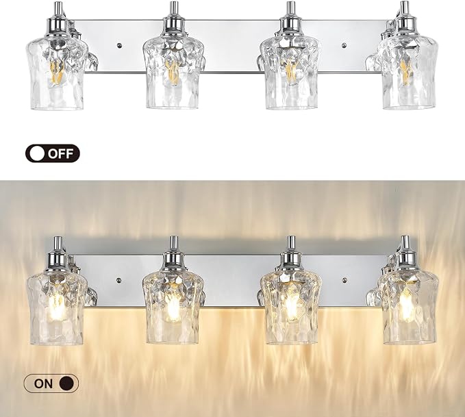 Bathroom Light Fixtures Farmhouse Chrome Vanity Lights for Bathroom Lighting Fixtures Over Mirror with Hammered Glass Lampshade for Cabinet Mirror Bedroom Hallway 4 Light