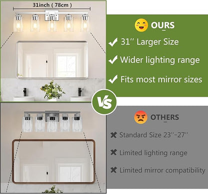 BesLowe 31” Bathroom Light Fixtures, 5-Light Vanity Light Chrome | Square Clear Glass & Durable Metal, Quick & Easy Installation, Standard E26 Socket, Bright Bathroom Lighting