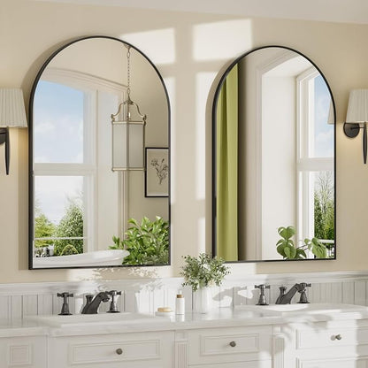 22"x30" Matte Black Arched Vanity Bathroom Mirror, Set of 2 | Aluminum Alloy Frame, Clear Reflection, Rust-Resistant, Vertical or Horizontal, Wall Mount, Bedroom and Entryway
