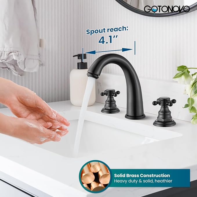 gotonovo Widespread Bathroom Sink Faucet 3 Hole Oil Rubbed Bronze,No Label | Vintage 8’’ Bathroom Faucet,2 Cross Handle,6-16’’ Sink,Vanity,RV,Farmhouse,SUS304,24’’ cUPC Hose,Pop Up Drain,Deck Mount