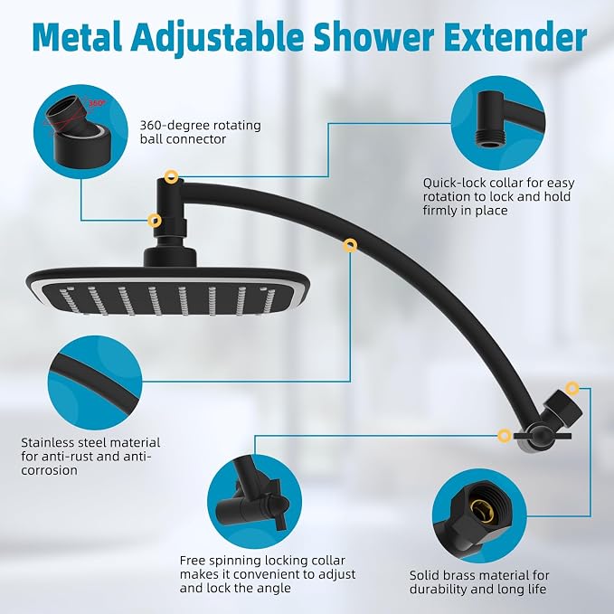 Rain Shower Head with 12" Metal Extension Arm, 10" High-Pressure Showerhead | Matte Black, Boosting Rainfall/Fixed Showerhead, Shower Head Extender Adjustable Height/Angle, 1-Min Easy to Install