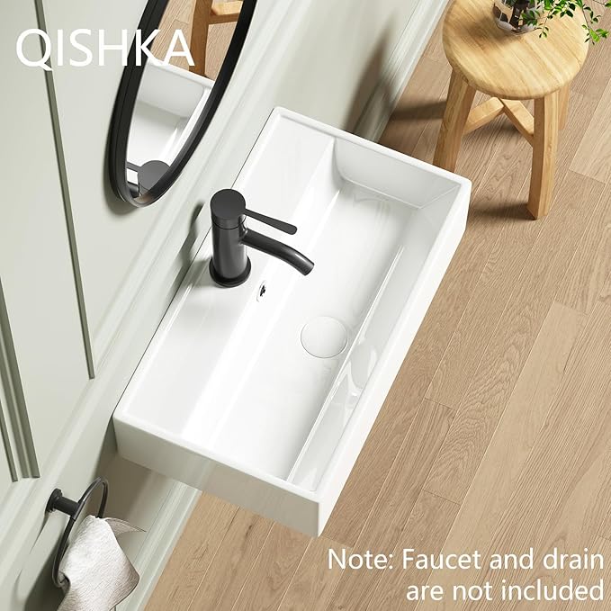 Wall Mount Rectangular Bathroom Sink, QISHKA 22"x12.4" Modern Ceramic Floating Vessel Sink, White Rectangle Vanity Sink with Overflow, Wall Hung Wash Hand Basin