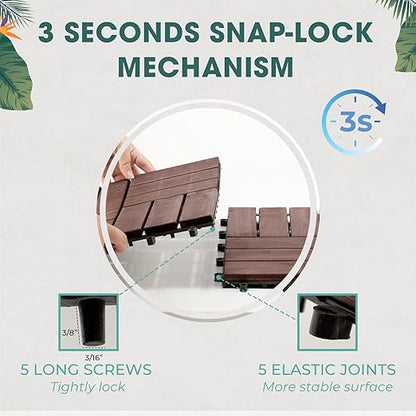 IDZO Interlocking Deck Tiles - 10PCS Waterproof Acacia Wood Patio Tiles, Flooring Tiles for Both Indoor and Outdoor - Decking Checker Pattern, 12 x 12 x 0.9 Inches, Dark Brown