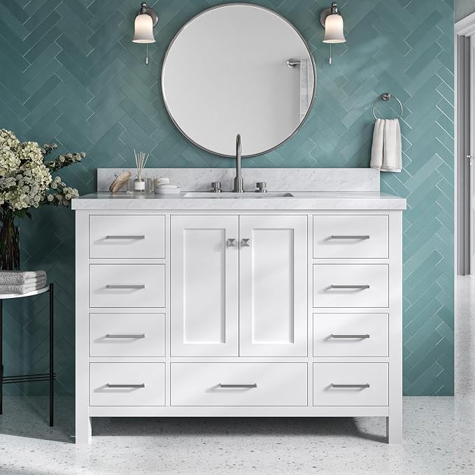 Beckford 48-Inch Bathroom Vanity with Sink — White Single Sink Bathroom Vanity, 1.5" Edge Italian Carrara Marble Top, Solid Wood, 2 Soft-Close Doors, 9 Dovetail Drawers