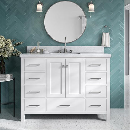Beckford 48-Inch Bathroom Vanity with Sink — White Single Sink Bathroom Vanity, 1.5" Edge Italian Carrara Marble Top, Solid Wood, 2 Soft-Close Doors, 9 Dovetail Drawers