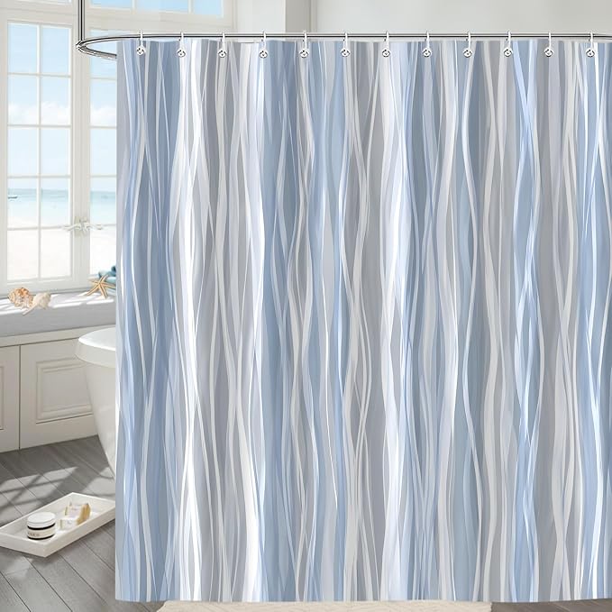 Moonslim Blue Grey Ombre Shower Curtain, Modern Wavy Abstract Striped Line Bathroom Curtain, Waterproof Fabric Bath Decor, 72 x 84 Inch