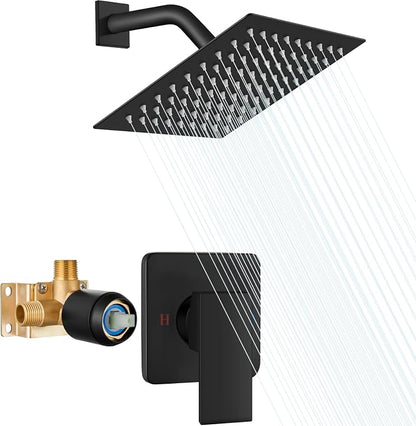 Heyalan 8-Inch Square Rain Shower Faucet Set with Valve, Matte Black | SUS304 stainless steel shower head, male NPT 1/2-inch valve, single-handle control, adjustable angle, 1.8 GPM